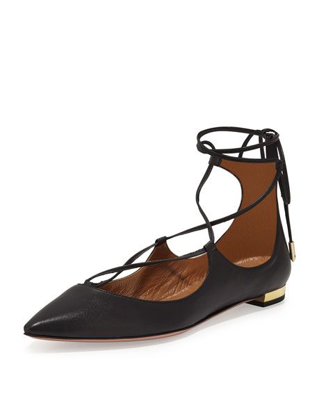Christy Lace-Up Pointed-Toe Flat, Black | Neiman Marcus
