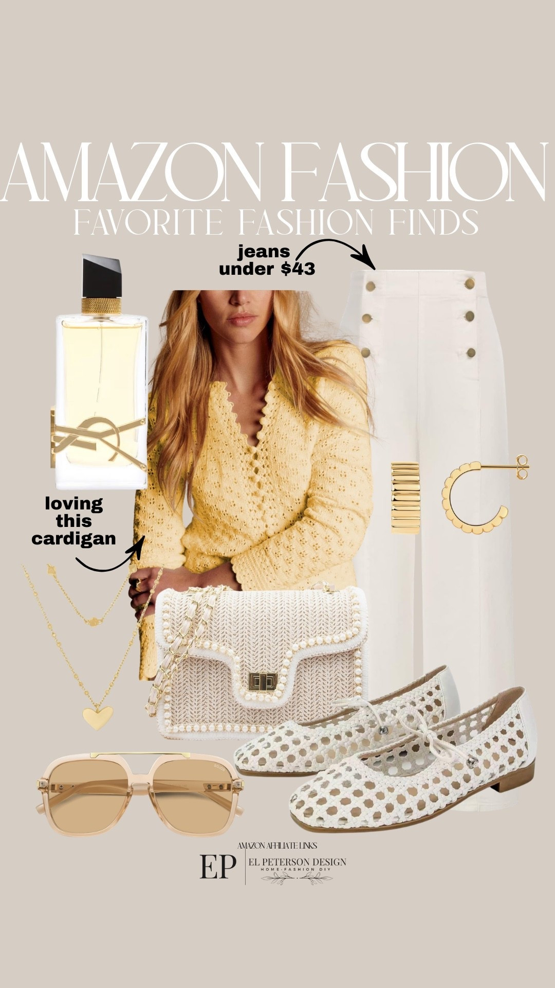 Amazon
Cardigan
Jeans
Earrings
Purse
Perfume
Necklace 
Sunglasses 