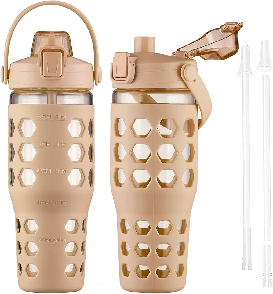 MUKOKO 32oz Glass Tumbler with Straw and Lid,Glass Water Bottles with Time Marker,Iced Coffee Cup... | Amazon (US)