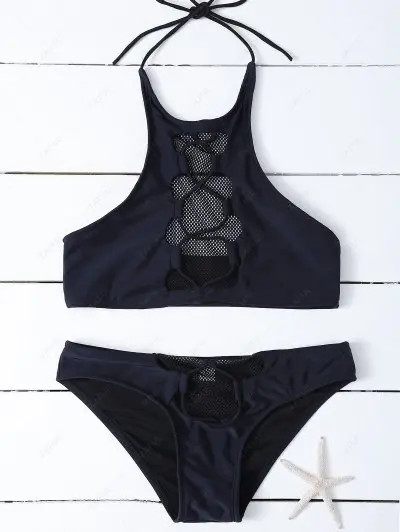 Lace Up Mesh Panel High Neck Bikini | ZAFUL (Global)