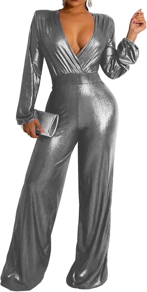 DinyIn Women's Sparkly Jumpsuits Clubwear One Piece Deep V Neck Long Sleeve Pants Rompers with Be... | Amazon (US)