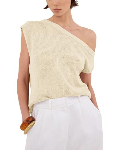 Fhniepan Women's Off The Shoulder Sweater Tops Summer Short Sleeve Knit Casual Shirt 2025 Trendy Going Out Tops(Beige,S) | Amazon (US)