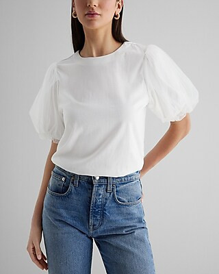 Skimming Tulle Puff Sleeve Crew Neck Tee | Express