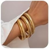 Gold Bangles for Women Set of 3 Chunky Stretch Bangles Bracelets 24K Gold Plated Stainless Steel ... | Amazon (US)