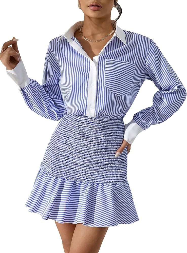 MakeMeChic Women's Striped Print Button Down Shirt Dress Long Sleeve Shirred Ruffle Short Dresses | Amazon (US)