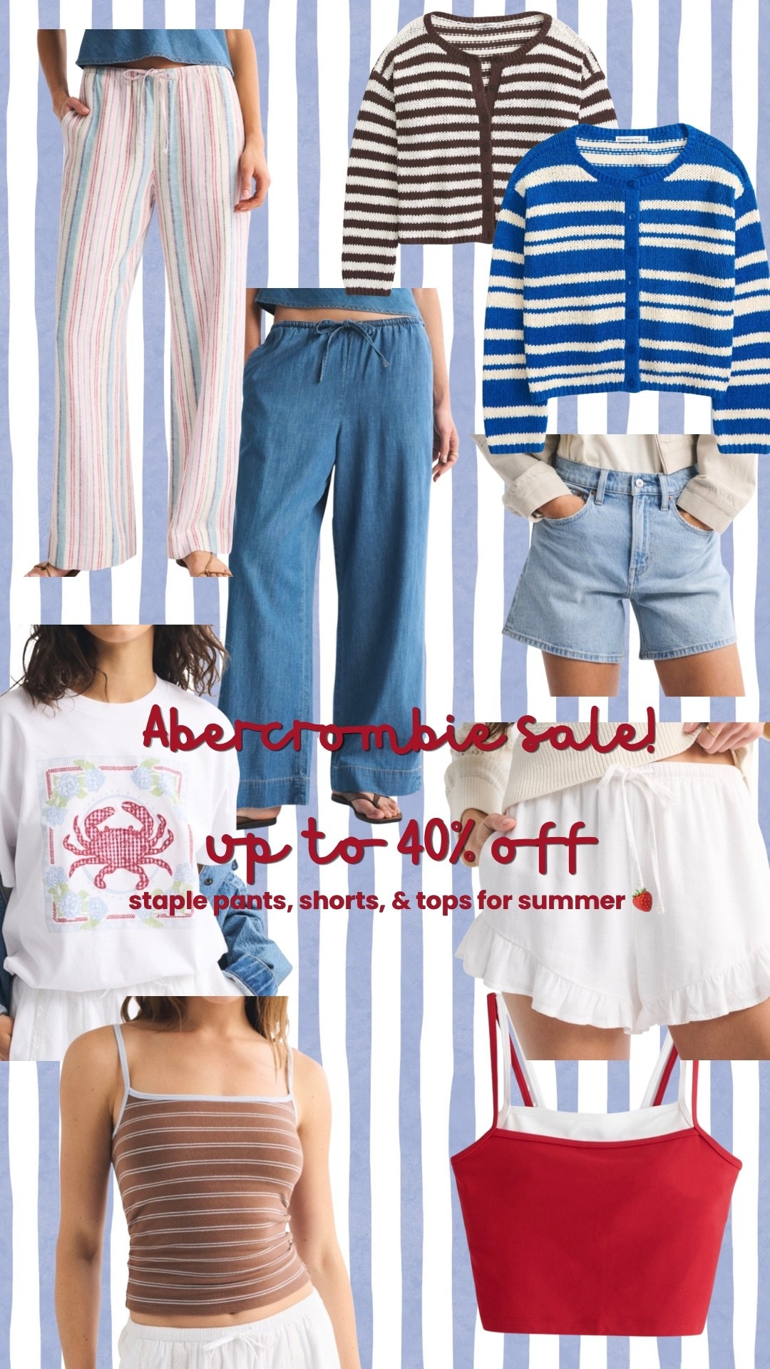 Im a sucker for an Abercrombie sale! Especially for summer staples 🌞

I have the shorts and love them! So excited for the pull on jeans 😍
Also the 90s bra free camis are a staple in my wardrobe 

I’m getting a size medium in the stretchy bottoms, 32 in the denim, large in the tee, medium in the tanks!🍓