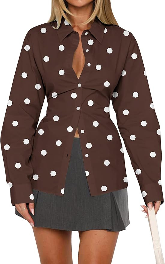 MISSACTIVER Women's Lapel Collar Button Down Shirt Cinch Waist Long Sleeve Casual Work Dressy Tun... | Amazon (US)