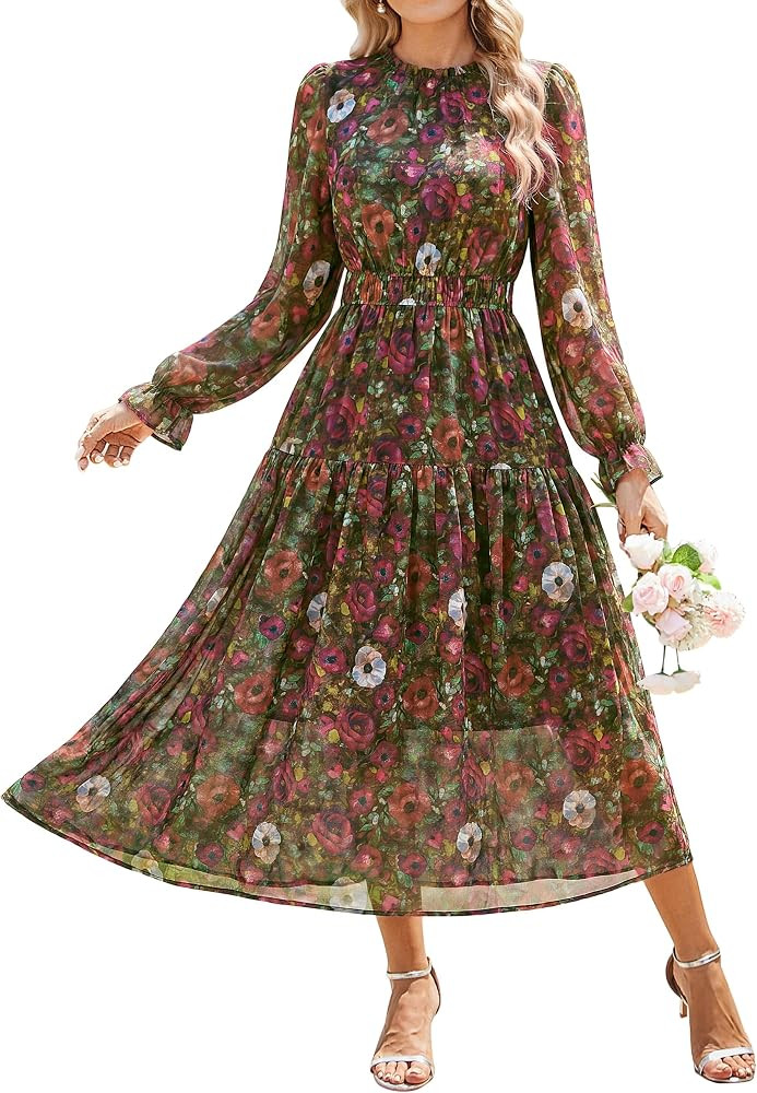GRACE KARIN Women's Floral Long Sleeve Fall Wedding Guest Maxi Dress | Amazon (US)