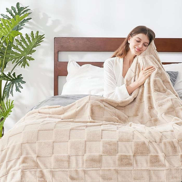 Cozy Bliss Checkered Faux Rabbit Fur Blanket Queen Size for Bed, Soft Fuzzy Blankets for Women Me... | Amazon (US)