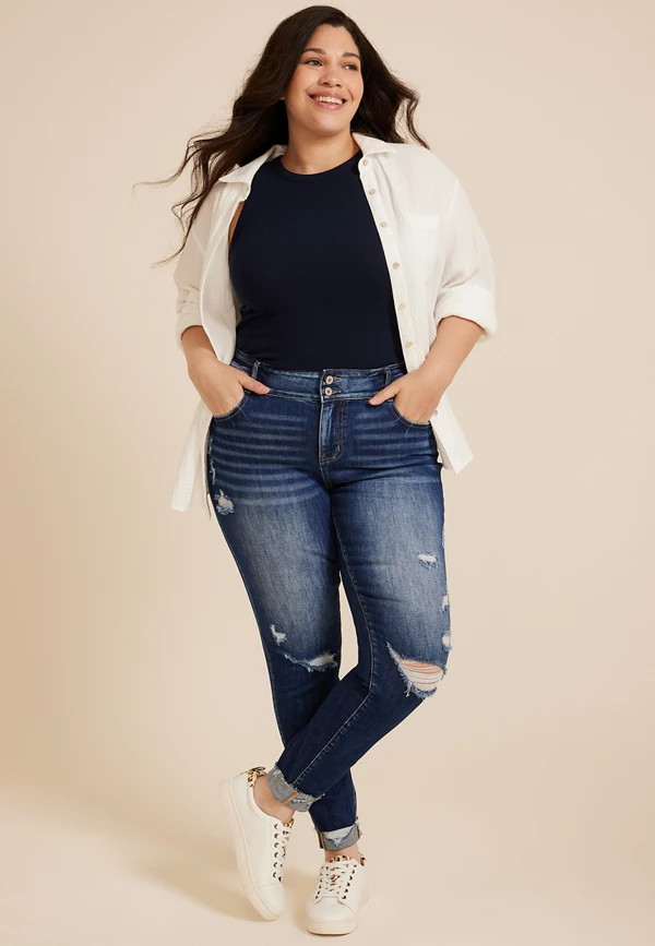 Plus Size KanCan™ Curvy Mid Rise Ripped Cuffed Hem Skinny Jean | Maurices