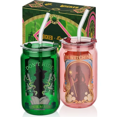 Dragon Glassware x Wicked 16 oz Drinking Glasses Set of 2 - Glass Cups with Lids and Straws - Iced Coffee Cups with Lids - Reusable Glass Tumbler with Straw and Lid - Enchanted | Amazon (US)