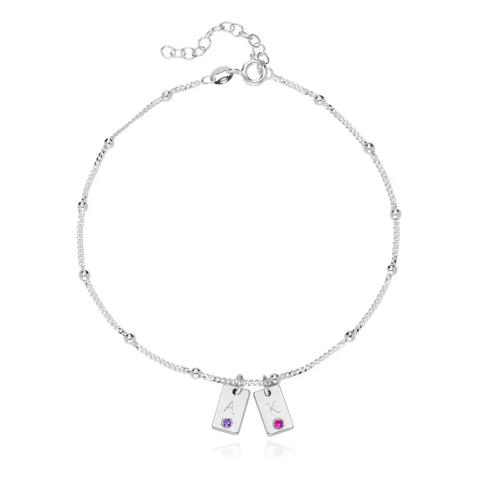 Initial Birthstone Tag Anklet in Silver | Theo Grace
