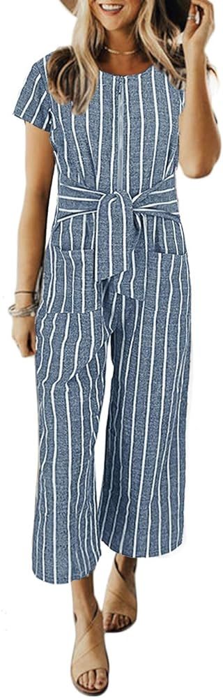 Cosygal Women's Striped Linen Short Sleeves Wide Leg Palazzo Jumpsuit Romper with Zip Pockets Tie | Amazon (US)