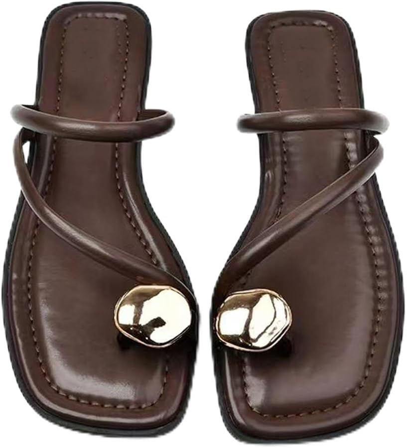 HDFDB Sandalias de cuero para mujer con anillo de metal plano y puntera abierta, puntera abierta,... | Amazon (US)