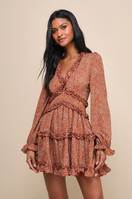Admire You Orange Floral Print Ruffled Long Sleeve Mini Dress | Lulus