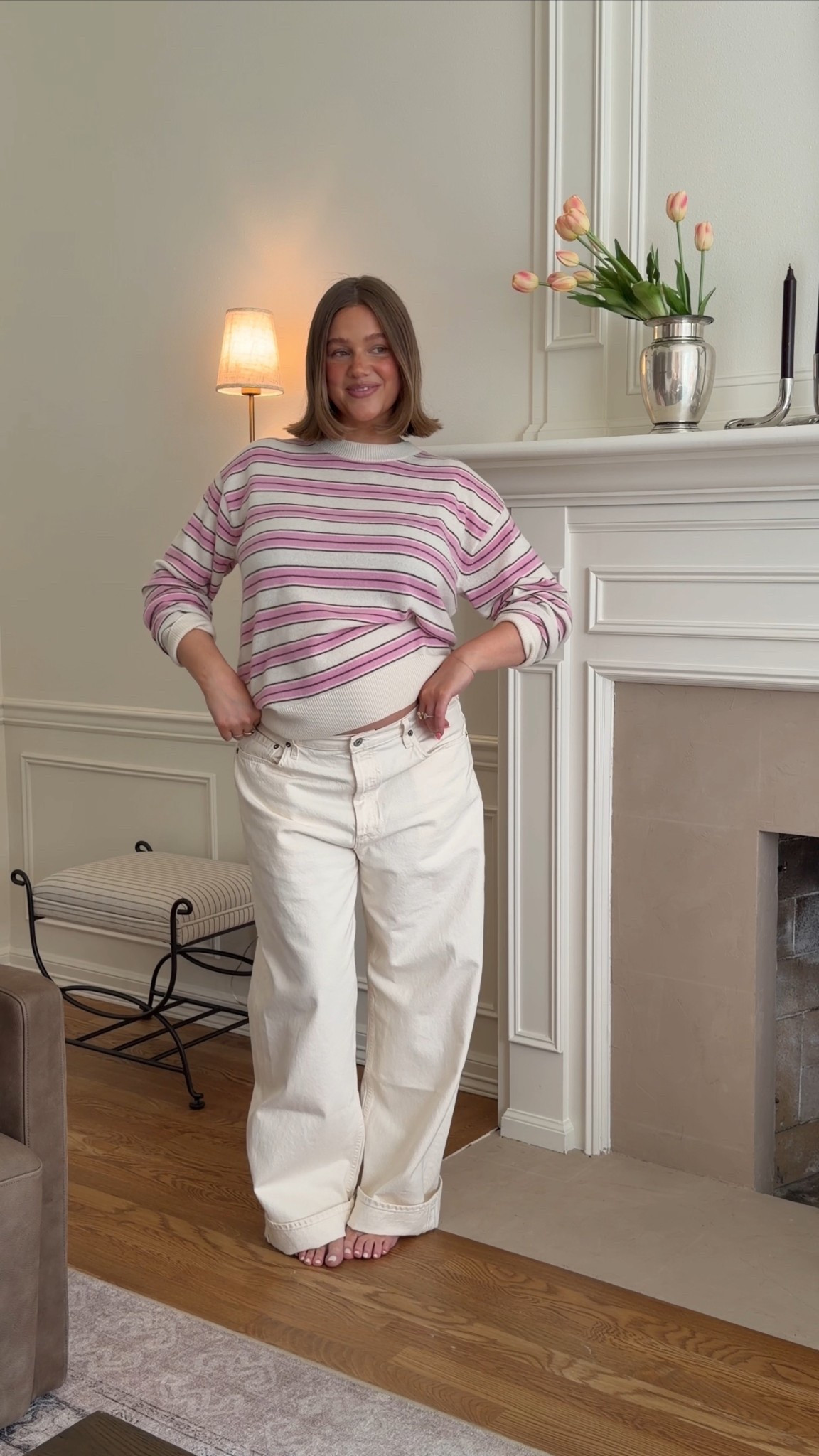 Size L in everything except pink striped sweater I got a medium it runs big! Honestly everything runs pretty loose so stick with true size. I went up in low rise jeans to a 31 for pregnancy, my typical size in this jean is a 29 for a low rise fit. Loveeee them. 

#pregnancy #bresheppard #pregnant #secondtrimester #aritzia #lowrise #agolde #ltkbump #ltkgrwm