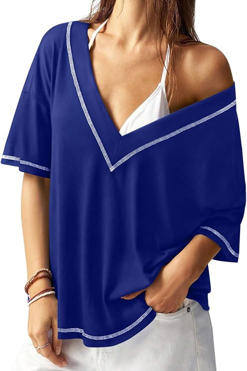 REORIA Women's Trendy Oversized V-Neck T Shirt Drop Shoulder Contrast Stitching Loose Fit Tops fo... | Amazon (US)
