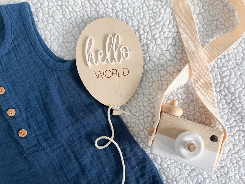 Hello World Baby Sign, Baby Monthly Balloon Milestone Marker, Interchangeable Monthly Wooden Mile... | Etsy (Global)