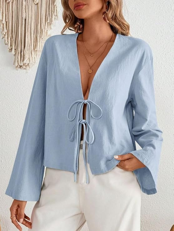 Chvity Tie Front Tops for Women Y2K Linen Shirts Flare Sleeve V Neck Going Out Coquette Clothes C... | Amazon (US)