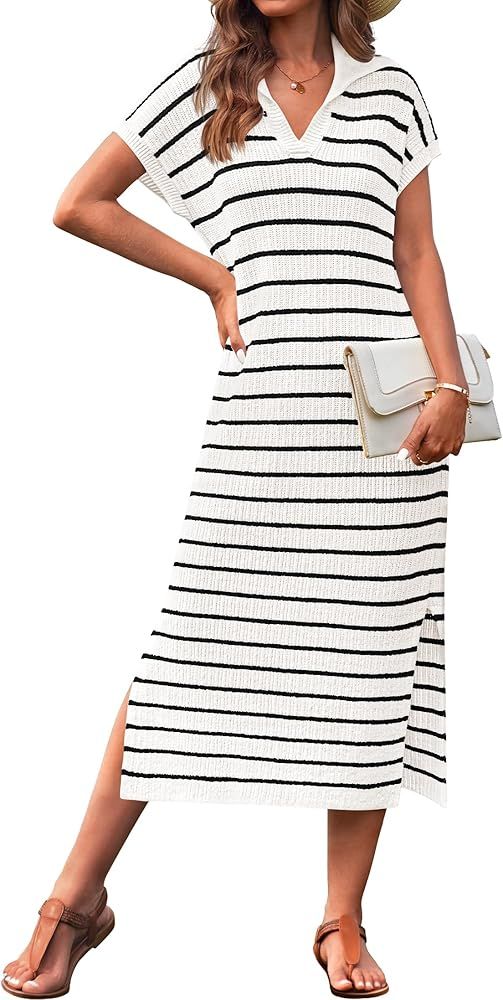 ZESICA Women's Summer Striped Maxi Dress 2024 Casual Short Sleeve V Neck Loose Knitted Side Slit ... | Amazon (US)