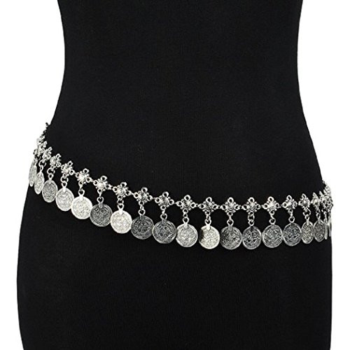 SUNSCSC Silver Coin Belly Dancing Tassel Waist Chain Belt Gypsy Bohemian Hippie Shimmy | Amazon (US)