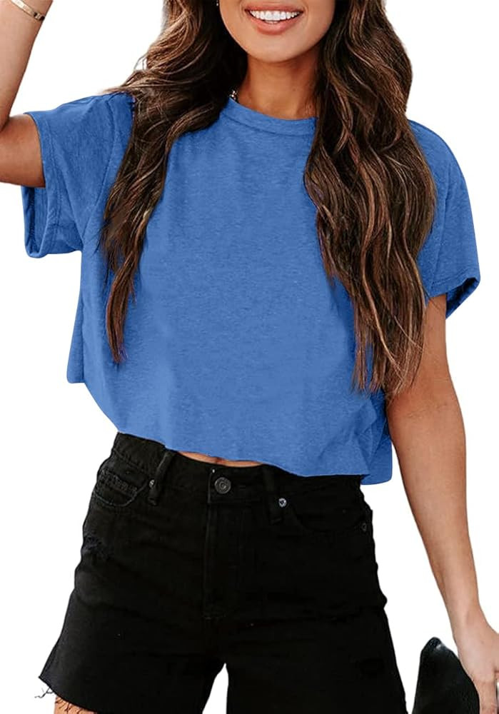 Tankaneo Women Short Sleeve Cropped T-Shirts Crew Neck Loose Crop Tops Summer Casual Drop Shoulde... | Amazon (US)