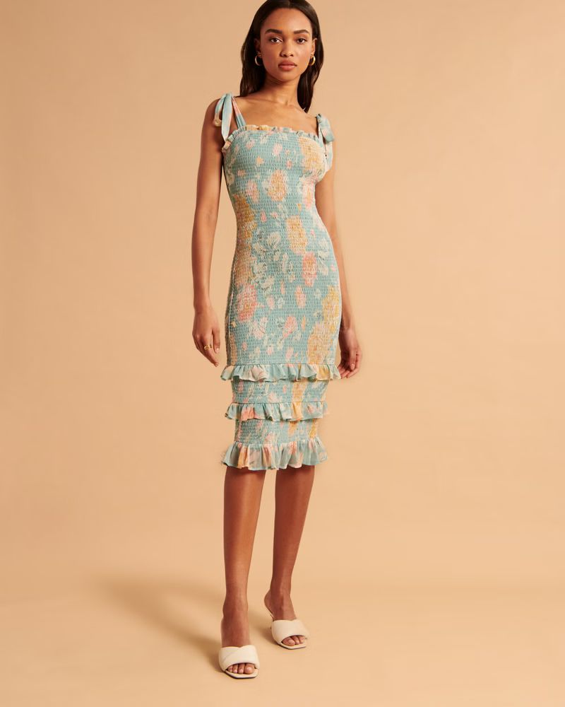 Tie-Strap Smocked Midi Dress | Abercrombie & Fitch (US)