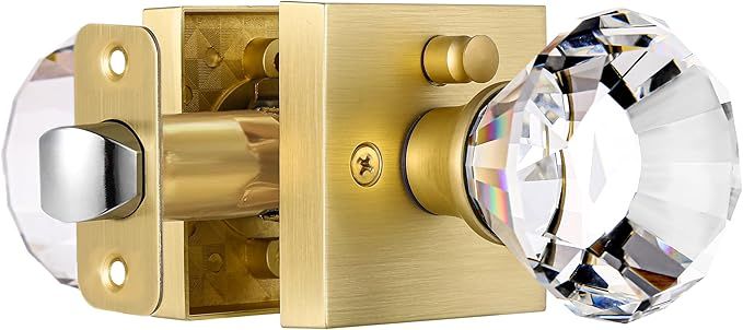 Square Glass Crystal Interior, Bedroom and Bathroom Privacy Gold Door Knobs with Lock, Satin Bras... | Amazon (US)