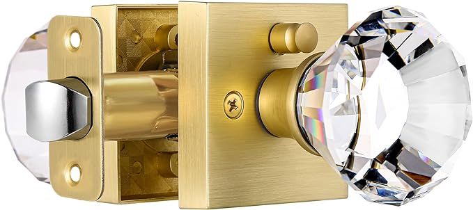 Square Glass Crystal Interior, Bedroom and Bathroom Privacy Gold Door Knobs with Lock, Satin Bras... | Amazon (US)