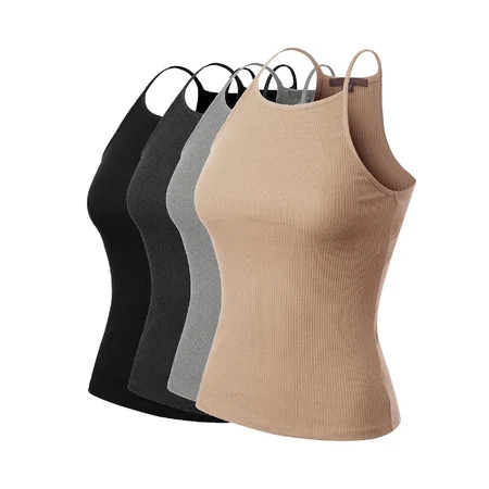 MixMatchy Women s 4-Pack Simple Casual Basic Active High Neck Ribbed Tank Top | Walmart (US)