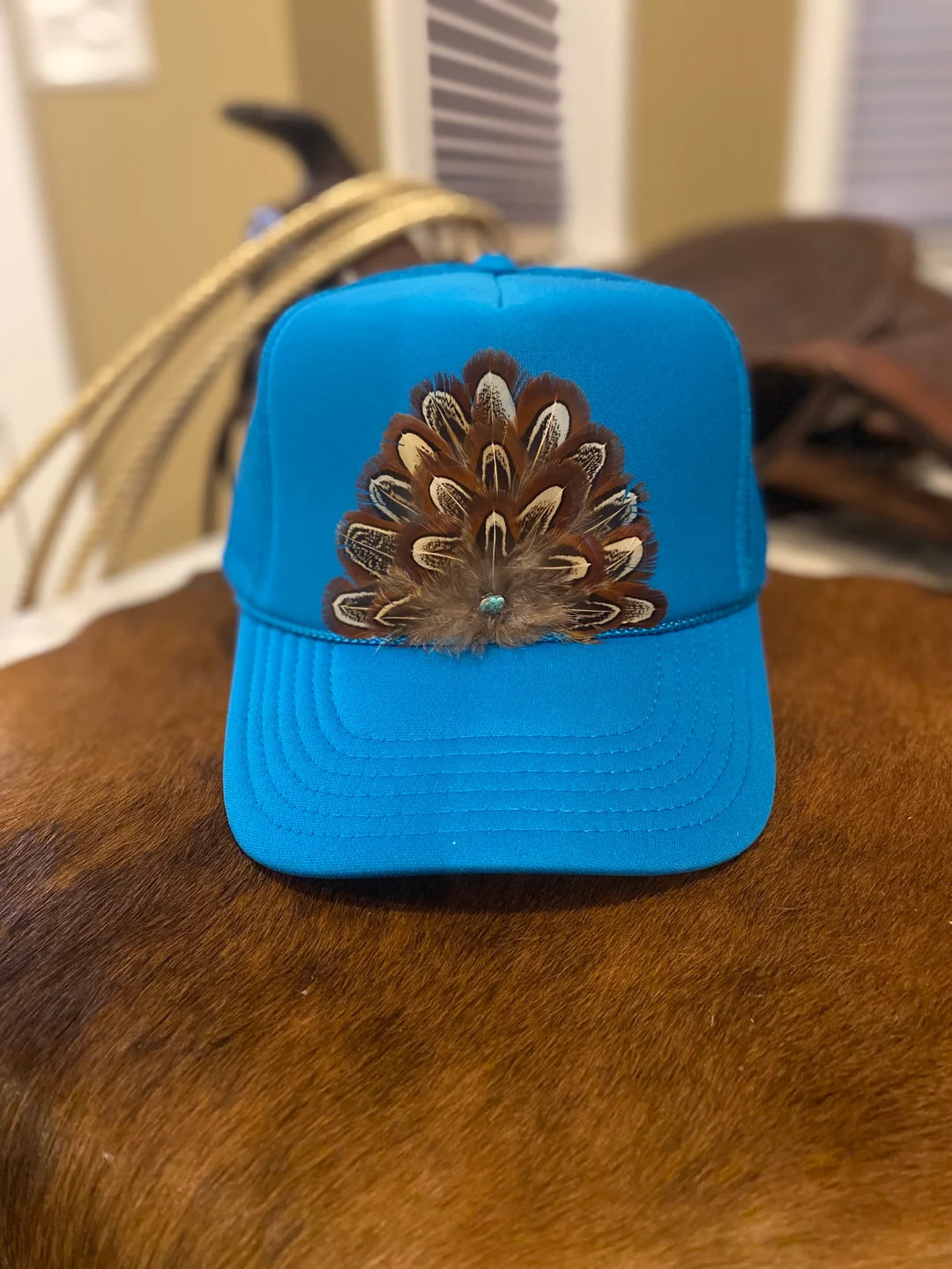 Feather Trucker Hat in Turquoise - Etsy | Etsy (US)