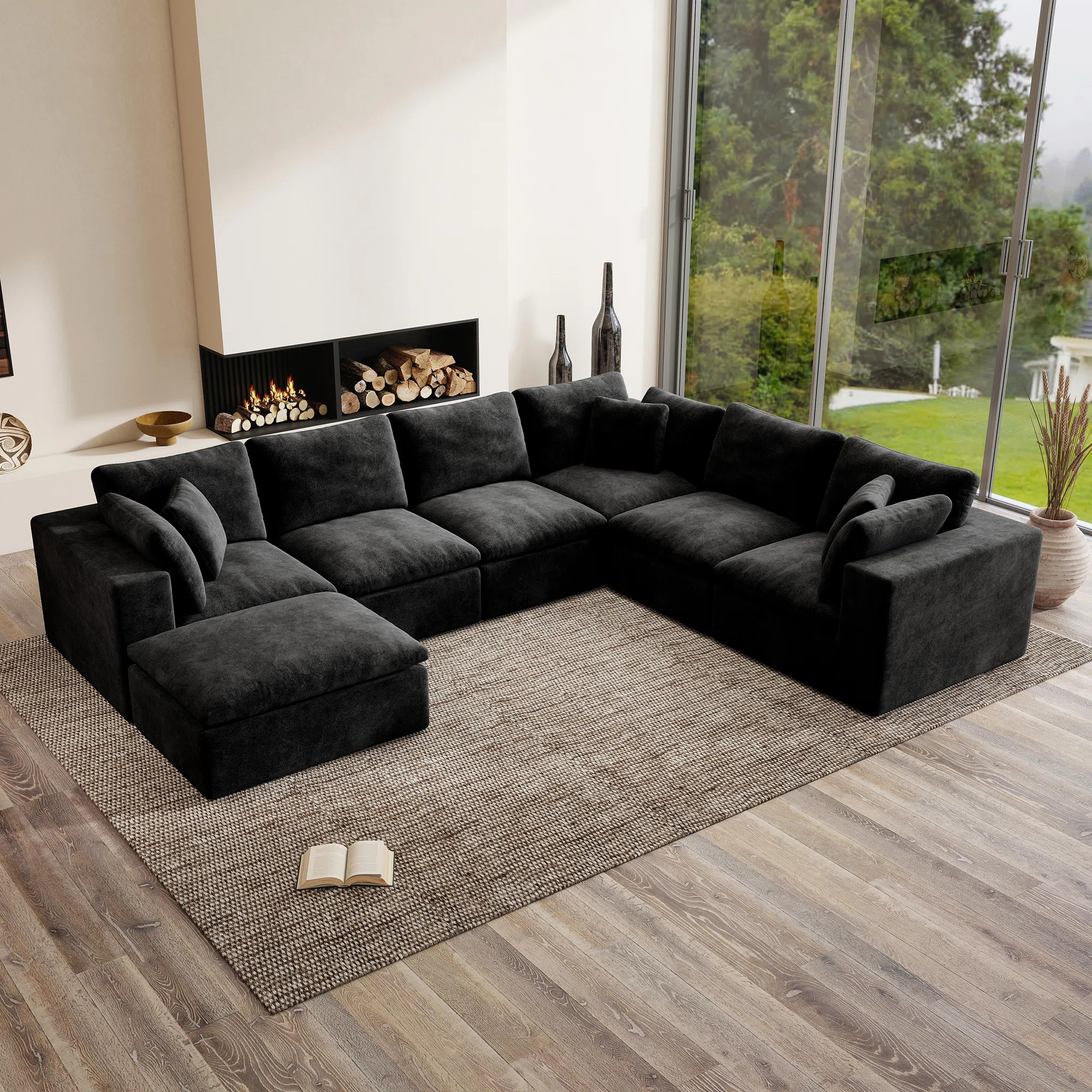 Paros 7 - Pieces U-shaped Chenille Sectional Sofa, Black | Wayfair North America