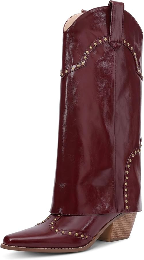 Women Shark Boots Fold Over Mid Calf Chunky Heel Snip Toe Cowboy Cowgirl Pull On Studded Boots fo... | Amazon (US)
