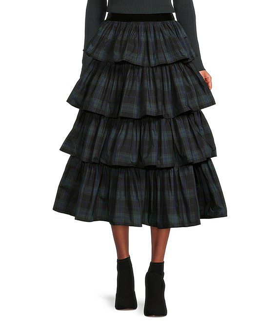 Antonio Melani Plaid Print Tiered Channing A-Line Tea Length Skirt | Dillard's | Dillard's
