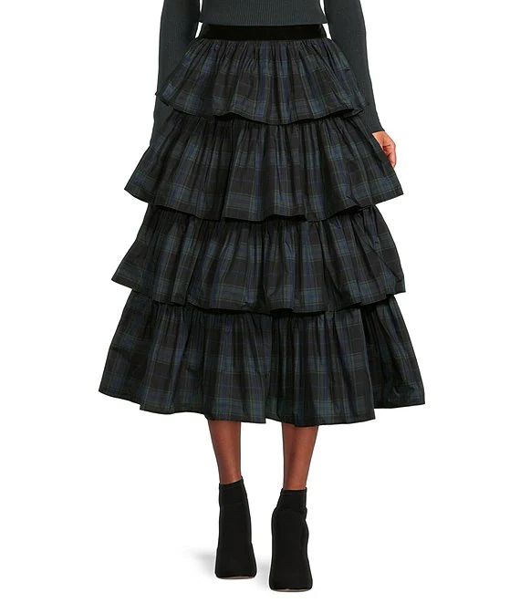 Plaid Print Tiered Ruffle Channing A-Line Tea Length Skirt | Dillard's