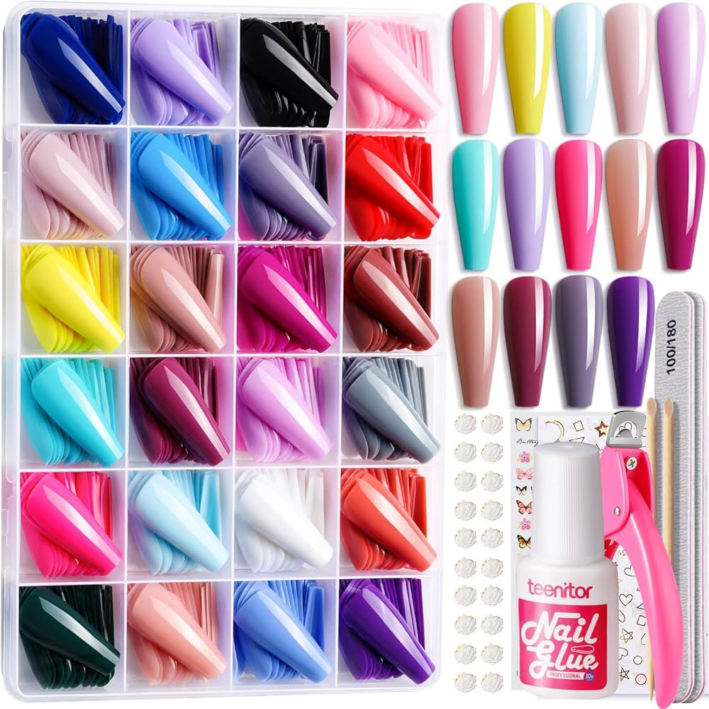 Teenitor Full Cover Color Press On Coffin Nails, 576pcs Fake Nail Tips in 24 Colors, Glue On Long... | Amazon (US)