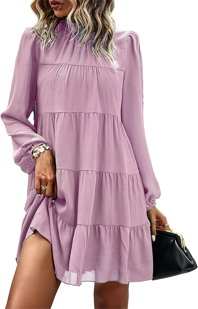 KIRUNDO 2023 Women's Spring Summer Long Sleeve Ruffle Mock Neck Tiered Mini Babydoll Dress Casual... | Amazon (US)