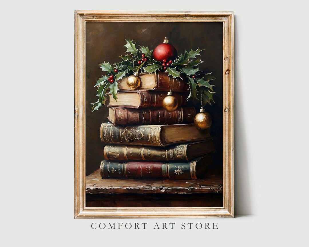 Vintage Christmas Book Stack Painting Wall Art Print Winter Dark Academia Christmas Decor Printab... | Etsy (US)