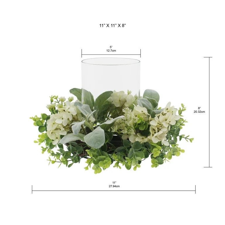 Mainstays 8" Decorative Hurricane Pillar Candle Holder with Artificial White Hydrangea | Walmart (US)