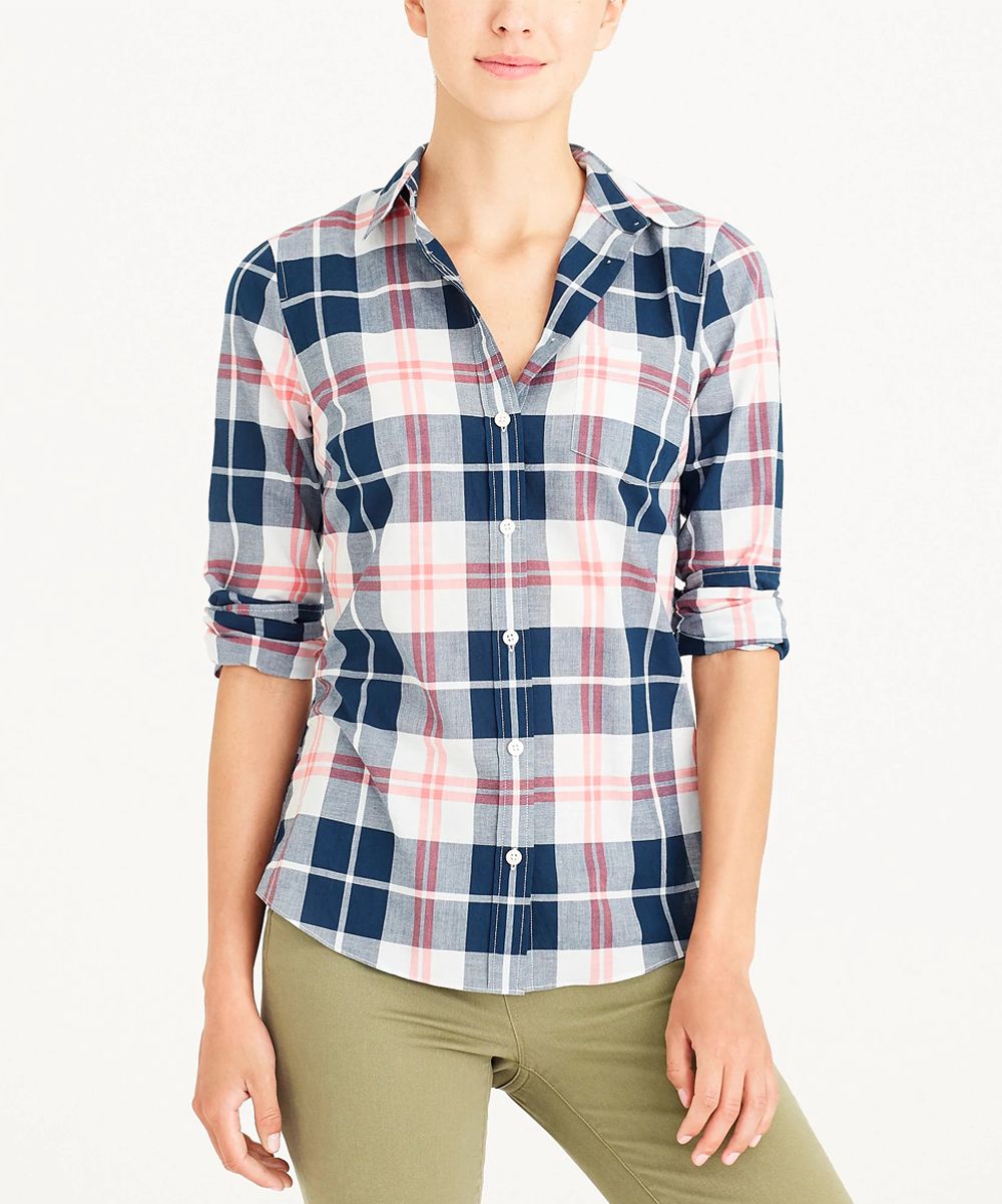 J.Crew Mercantile Women's Button Down Shirts MINT - Mint & Coral Plaid Button-Up - Women | Zulily