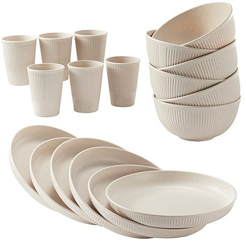 18pcs Wheat Straw Dinnerware Sets HXYPN Unbreakable Reusable Dinnerware Set Kitchen Cups Plates and Bowls Sets Dishwasher Microwave Safe Plates | Amazon (US)