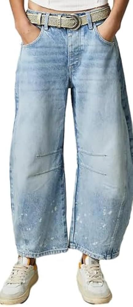 Women's Baggy Boyfriend Jeans Mid Rise Barrel Jeans Wide Leg Loose Y2k Cropped Denim Pants with P... | Amazon (US)
