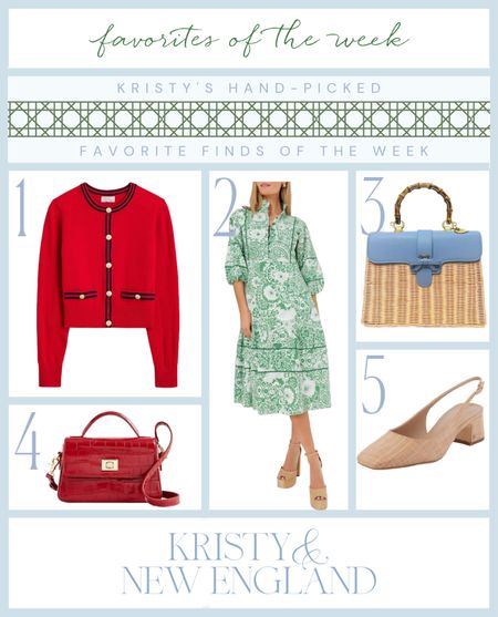 Red lady jacket, red crossbody bag, green and white midi dress, blue and wicker bamboo bag, raffia slingback block heels 

#LTKGiftGuide #LTKitbag #LTKover40