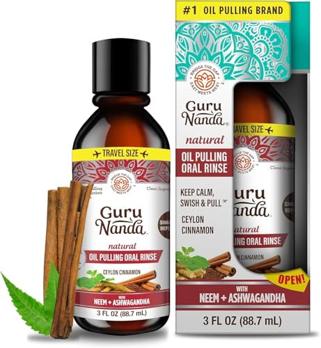 GuruNanda Ashwagandha Oil Pulling Travel Sized Mouthwash, Promotes Calmness, with Neem & Roman Chamomile for Fresh Breath & Happy Gums, Alcohol-Free, TSA-Approved, 3 Oz | Amazon (US)
