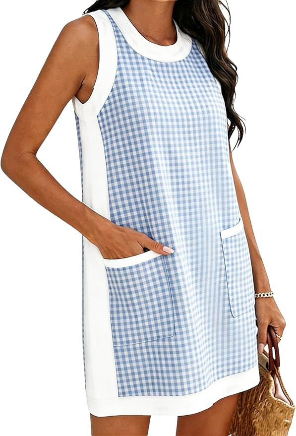 Fiona Jolin Women's Summer Plaid Color Block Mini Dress Crewneck Tank Dress Beach Coverups Sundre... | Amazon (US)