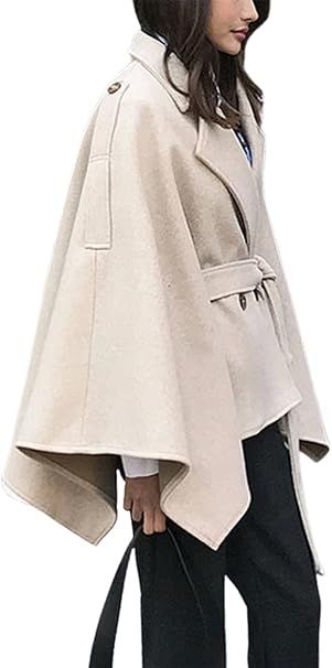 CHARTOU Women's Elegant Lapel Collar Wool Blend Bow-Tie Poncho Cape Jacket with Belt | Amazon (US)