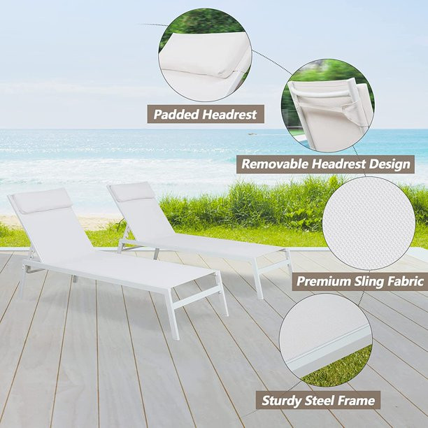 Ulax Furniture 2 Pieces Metal Sling Outdoor Chaise Lounge Chairs with Headrest, Cream White | Walmart (US)