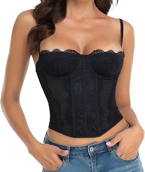 Raxnode Lace Corset Crop Tops for Women - Sexy Fashion Club Bodysuit with Buckle | Amazon (US)