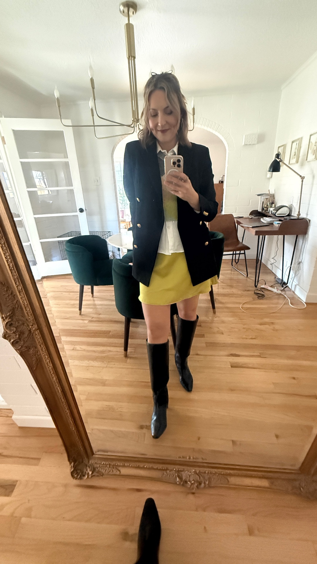 Another handmade mini moment 🤍
This chartreuse skirt is made by me, using fabric I picked up at a fabric shop in Paris—because sometimes the best souvenirs are textiles you turn into something you’ll actually wear.

Layered with a crisp Zara button-up, a Free People sweater vest for that cozy-meets-tailored feel, and finished with my go-to Anne Klein boots. The black blazer is Babaton—they don’t have this exact one anymore, but I tagged a similar style that gives the same clean, structured vibe and works just as beautifully.

I love mixing handmade pieces with accessible staples—it’s my favorite way to build a wardrobe that feels personal, sustainable, and timeless.

Shop the similar pieces + recreate the look here ✨
#LTKstyle #HandmadeWardrobe #SlowFashion #ParisFabric #MiniSkirtSeason #LayeredLooks #WardrobeStaples #OOTD

#LTKootd #LTKgrwm