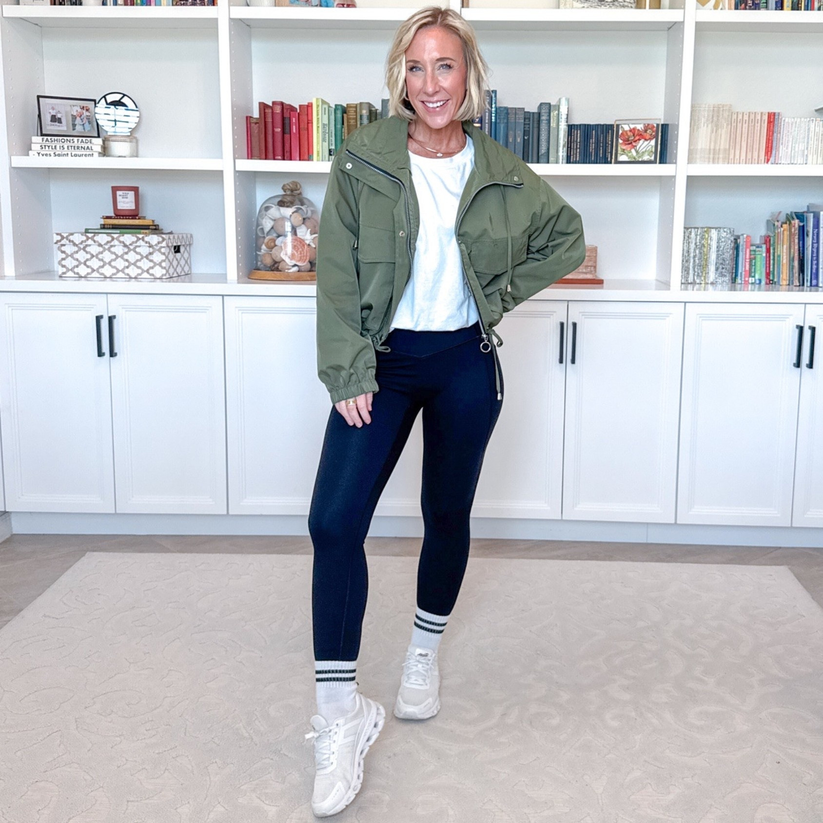 Pants for Fall - from leggings to trousers: •• use code LESLIEPD20 for 20% off these pants! ••  Tummy Control Leggings w/ Pockets & No Front Seam - size small. 5 colors. * Cropped Utility Jacket - size XL (bought the XL on accident, but I don't mind it). 20 colors. * Crewneck Bubble Hem Cropped T Shirt - size Small. 15 colors.